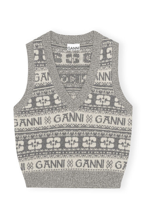 GANNI Grey Logo Wool Mix Vest,Frost Gray
