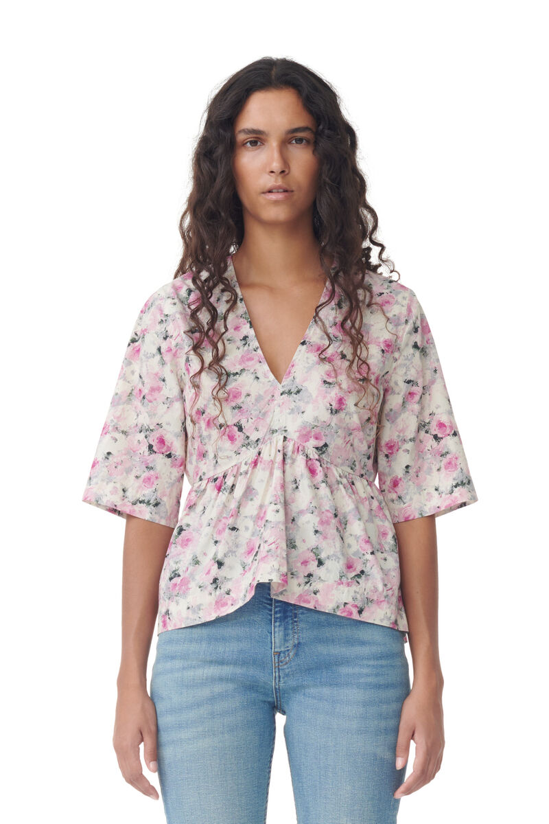 Printed Cotton V-neck Peplum Blouse, Cotton, in colour Orchid Smoke - 1 - GANNI