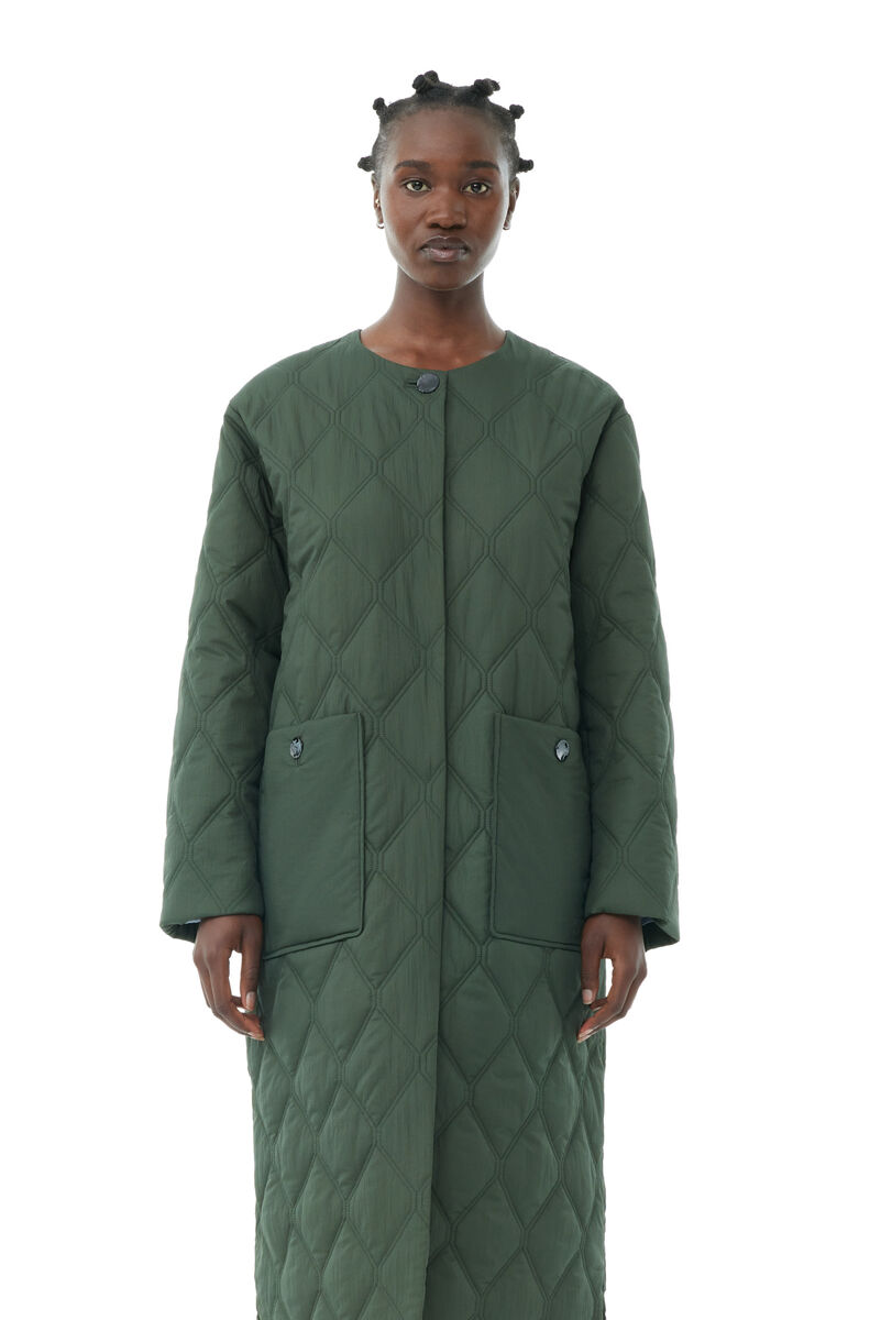 Green Quilt Long Coat, Recycled Polyamide, in colour Kombu Green - 1 - GANNI