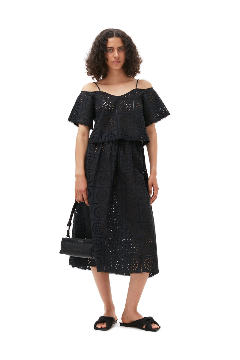 Broderie Anglaise Skirt, Cotton, in colour Black - 1 - GANNI