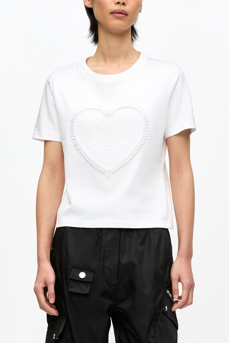 White Cropped Heart T-shirt, Organic Cotton, in colour Bright White - 1 - GANNI