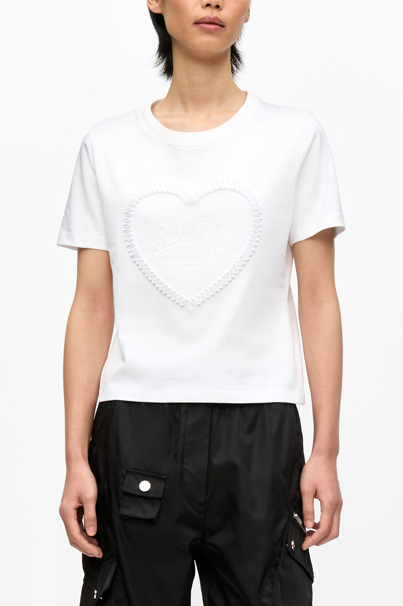 White Cropped Heart T-shirt, Organic Cotton, in colour Bright White - 1 - GANNI