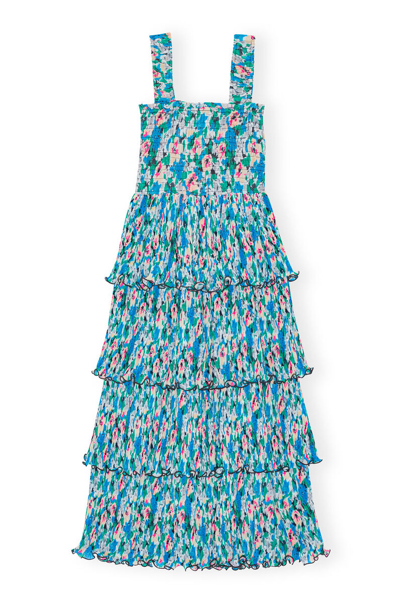 Pleated Georgette Smock Midi Dress, Recycled Polyester, in colour Floral Azure Blue - 1 - GANNI
