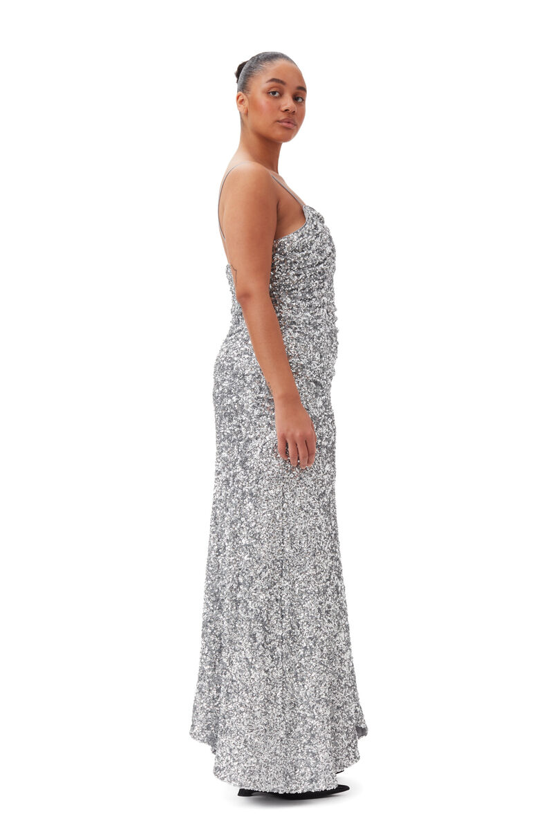 3D Sequins Long Slip Kleid, Elastane, in colour Silver - 7 - GANNI