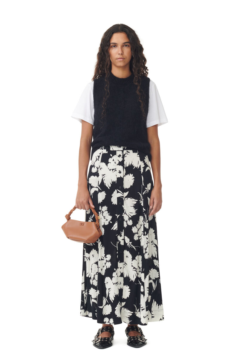 Printed Crepe Long Skirt, LENZING™ ECOVERO™, in colour Black - 1 - GANNI
