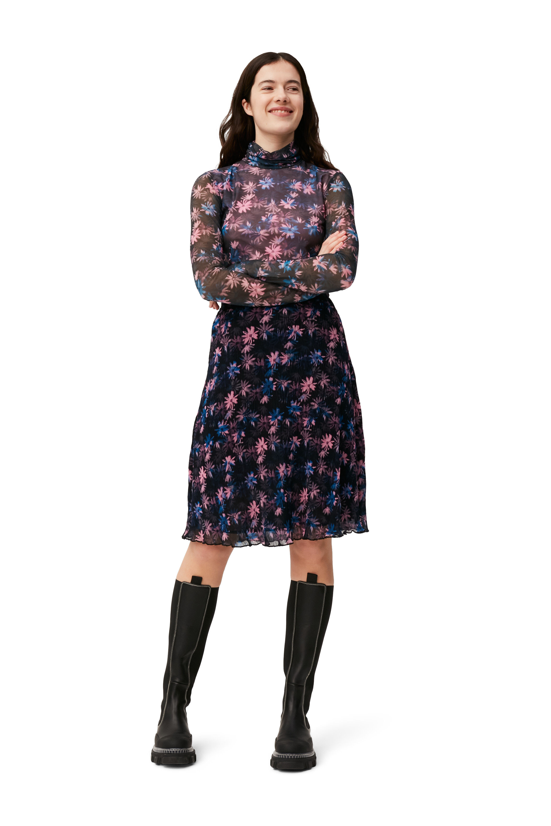 Ganni Women's Printed Mesh Long-Sleeve Rollneck Top - Snake Starfish - Size 6