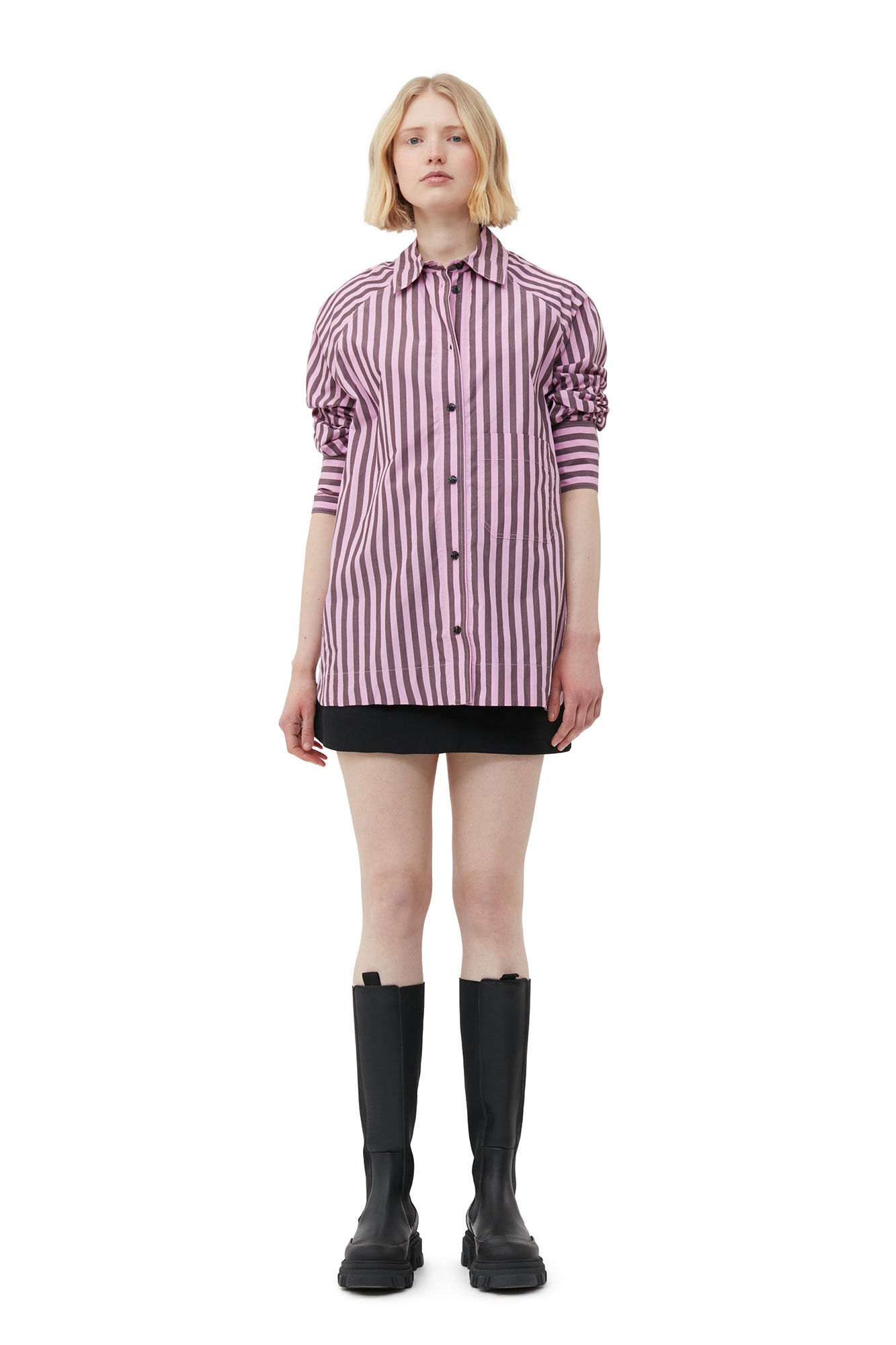 Striped Cotton Oversize Raglan Shirt, Cotton, in colour Bonbon - 1 - GANNI