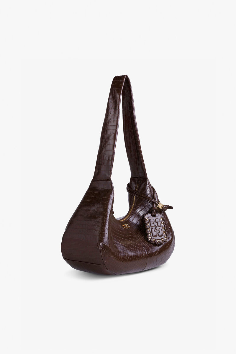 Brown Croco Medium Hobo Bag, Recycled Leather, in colour Chocolate Fondant - 2 - GANNI