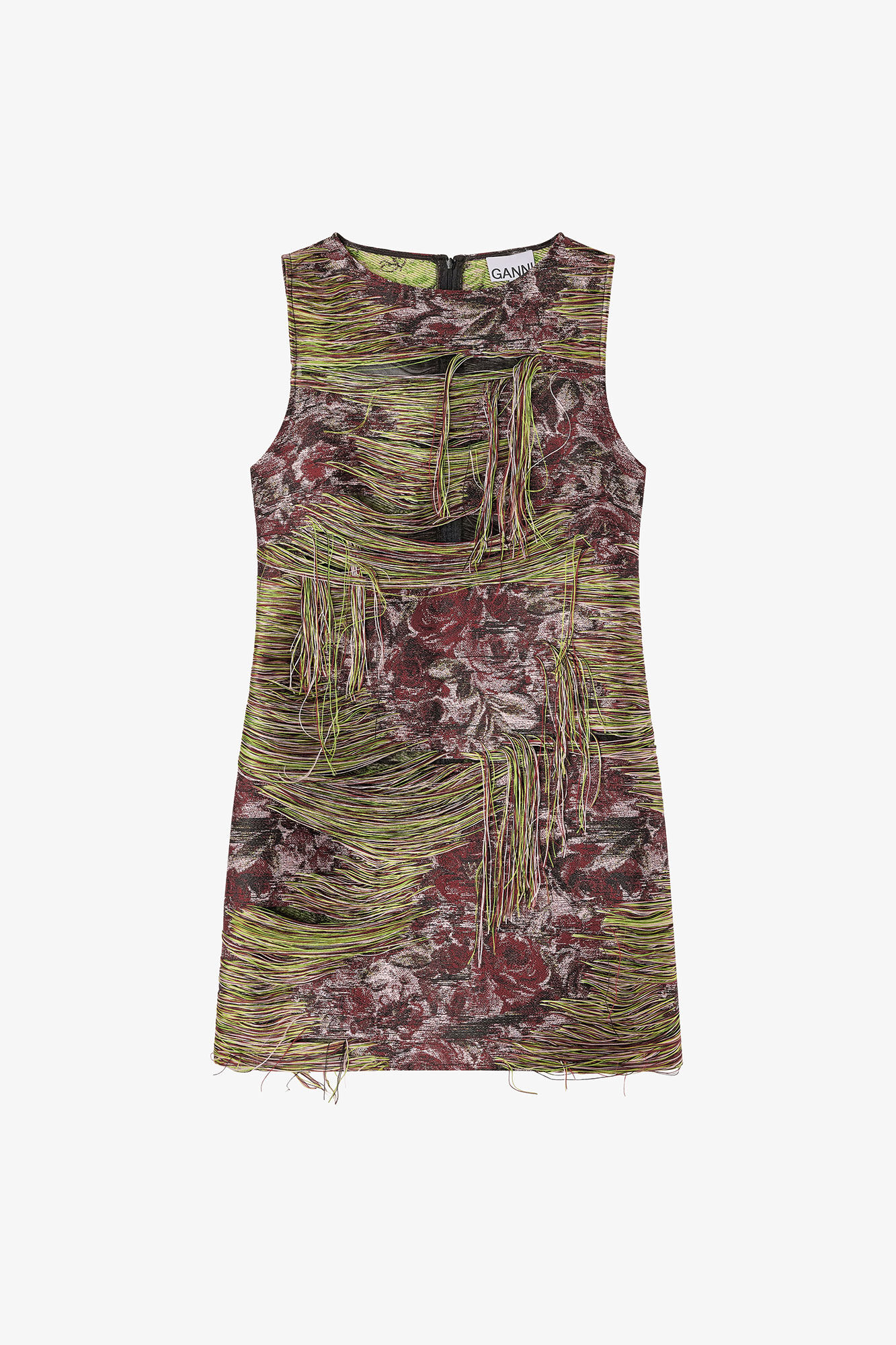 Tapestry Fringed Mini Dress, Polyester, in colour Tawny Port - 1 - GANNI