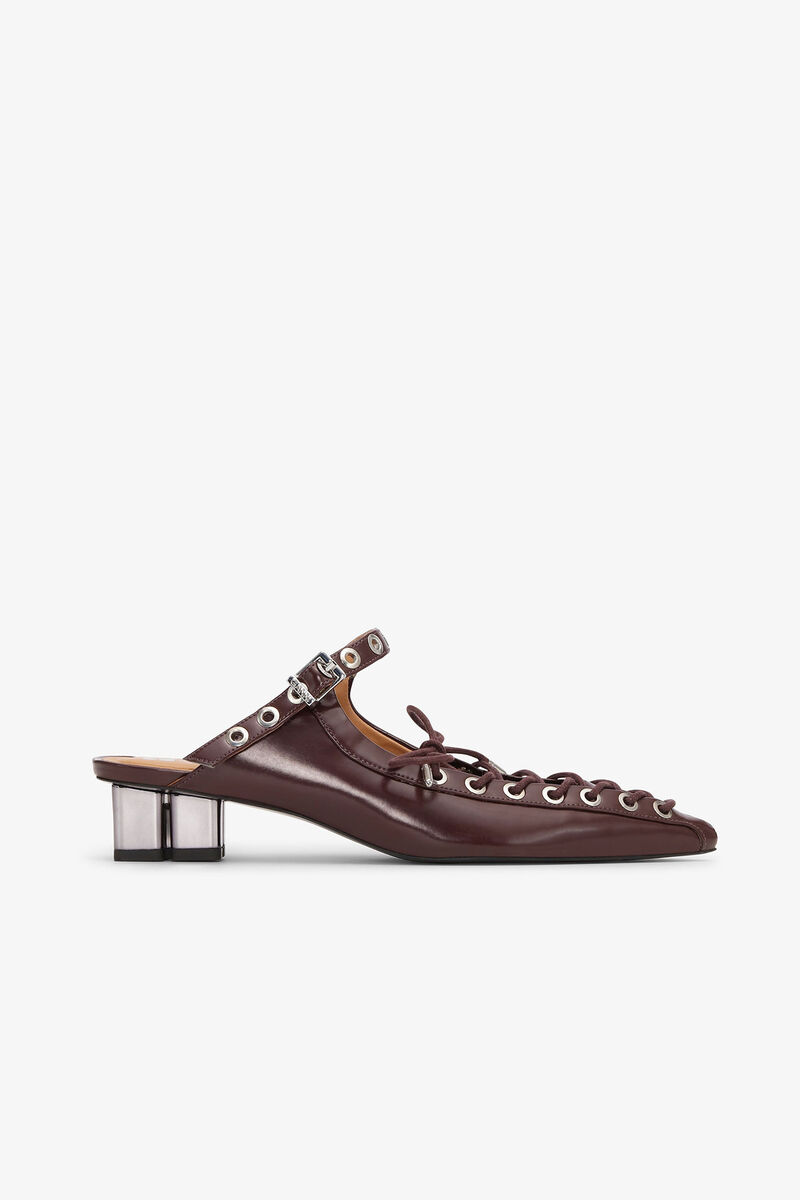 Brown Lace-Up Oleatex Mules, Polyurethane, in colour Tawny Port - 1 - GANNI