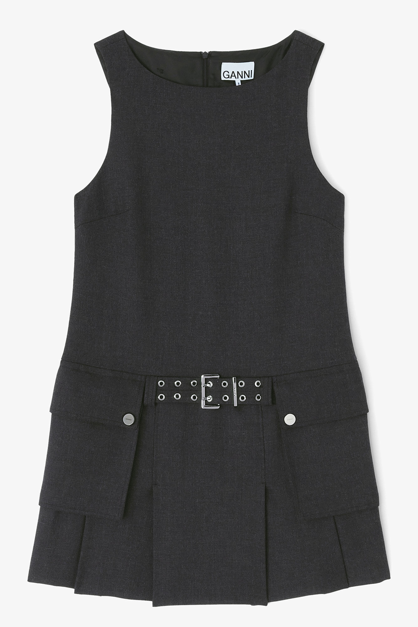 Grey Wool Mini Dress, in colour Phantom - 1 - GANNI