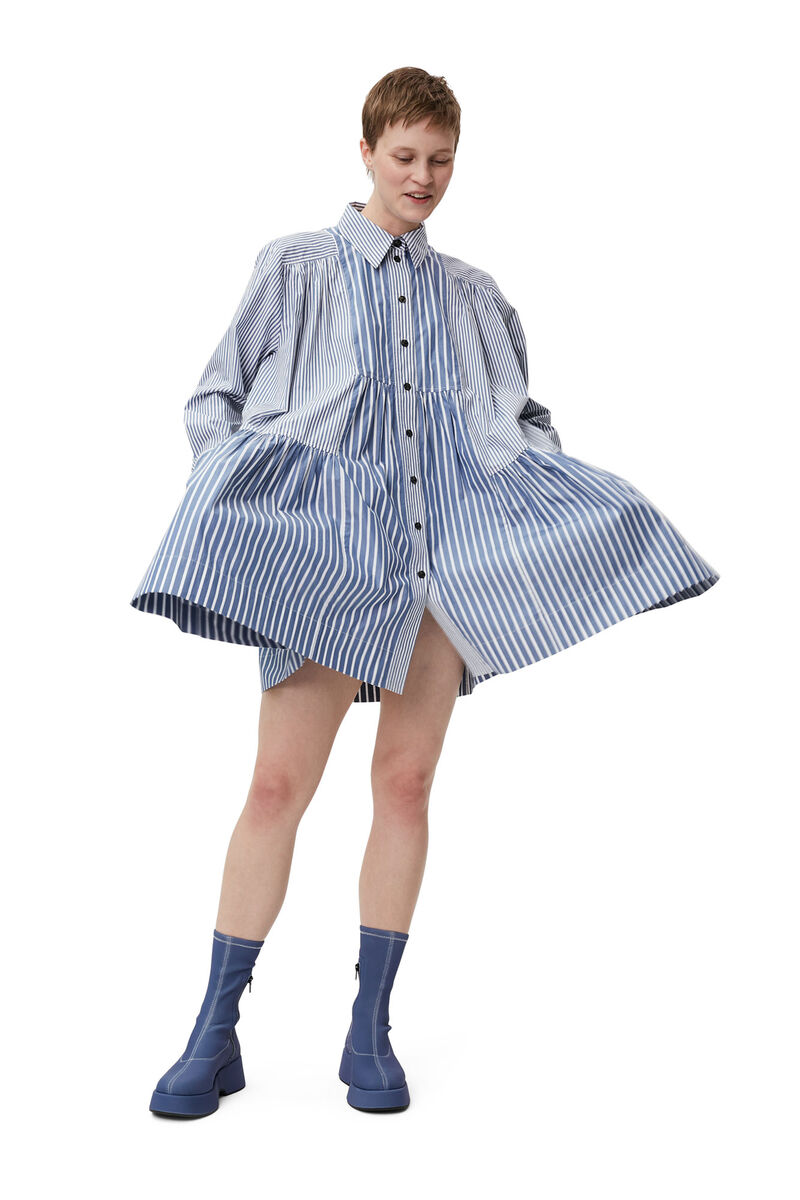 Gestreiftes Mini-Hemdkleid, Cotton, in colour Gray Blue - 2 - GANNI