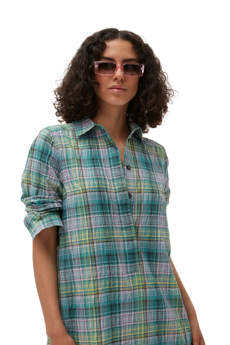 Seersucker Check Shirt Dress, Organic Cotton, in colour Lagoon - 7 - GANNI