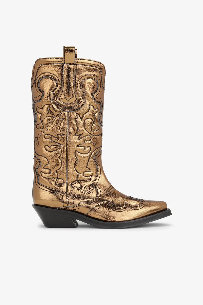Gold Metallic Mid Shaft Embroidered Western Boots, Polyurethane, in colour Bronze - 1 - GANNI