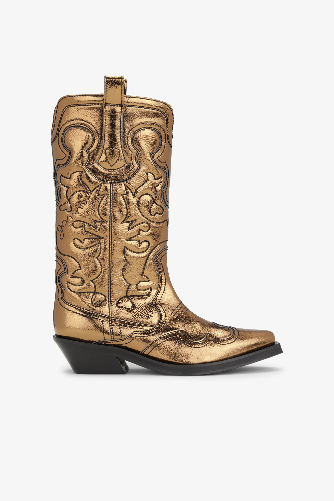 Gold Metallic Mid Shaft Embroidered Western Boots, Polyurethane, in colour Bronze - 1 - GANNI