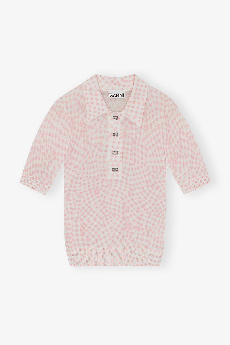 Pink Sheer Cotton Printed Polo Shirt, Elastane, in colour Bleached Mauve - 1 - GANNI