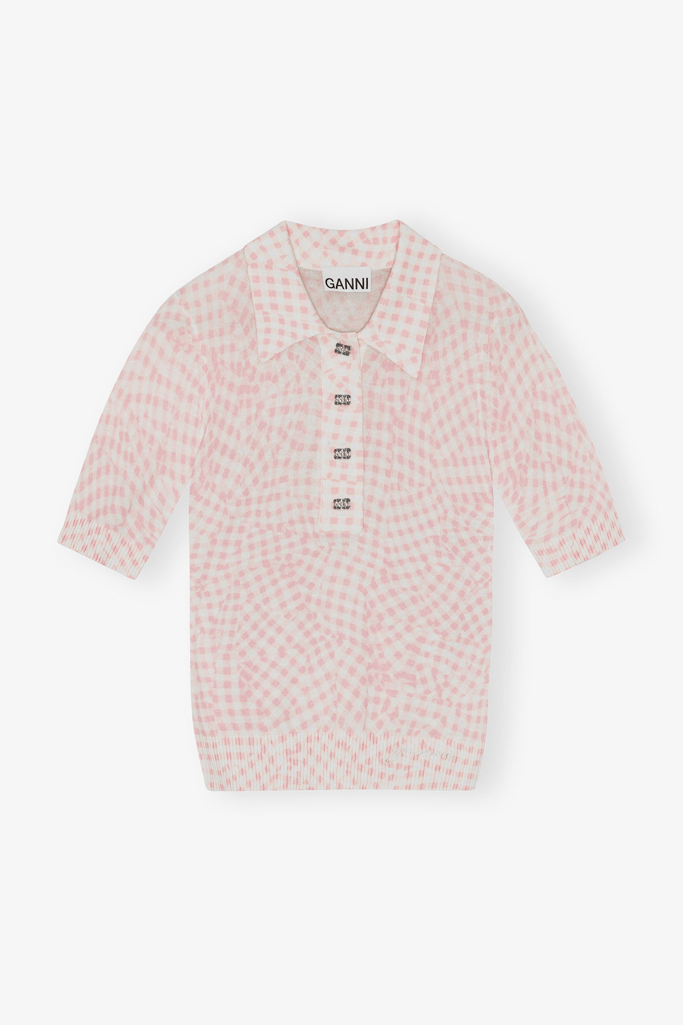 Pink Sheer Cotton Printed Polo Shirt, Elastane, in colour Bleached Mauve - 1 - GANNI