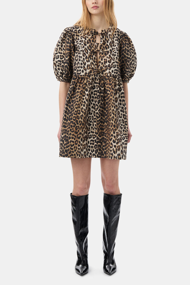 Leopard Printed Cotton Tie String Mini Dress, Organic Cotton, in colour Leopard - 1 - GANNI