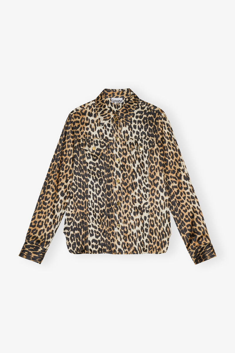 Leopard Print Satin Shirt, Spandex, in colour Leopard - 1 - GANNI