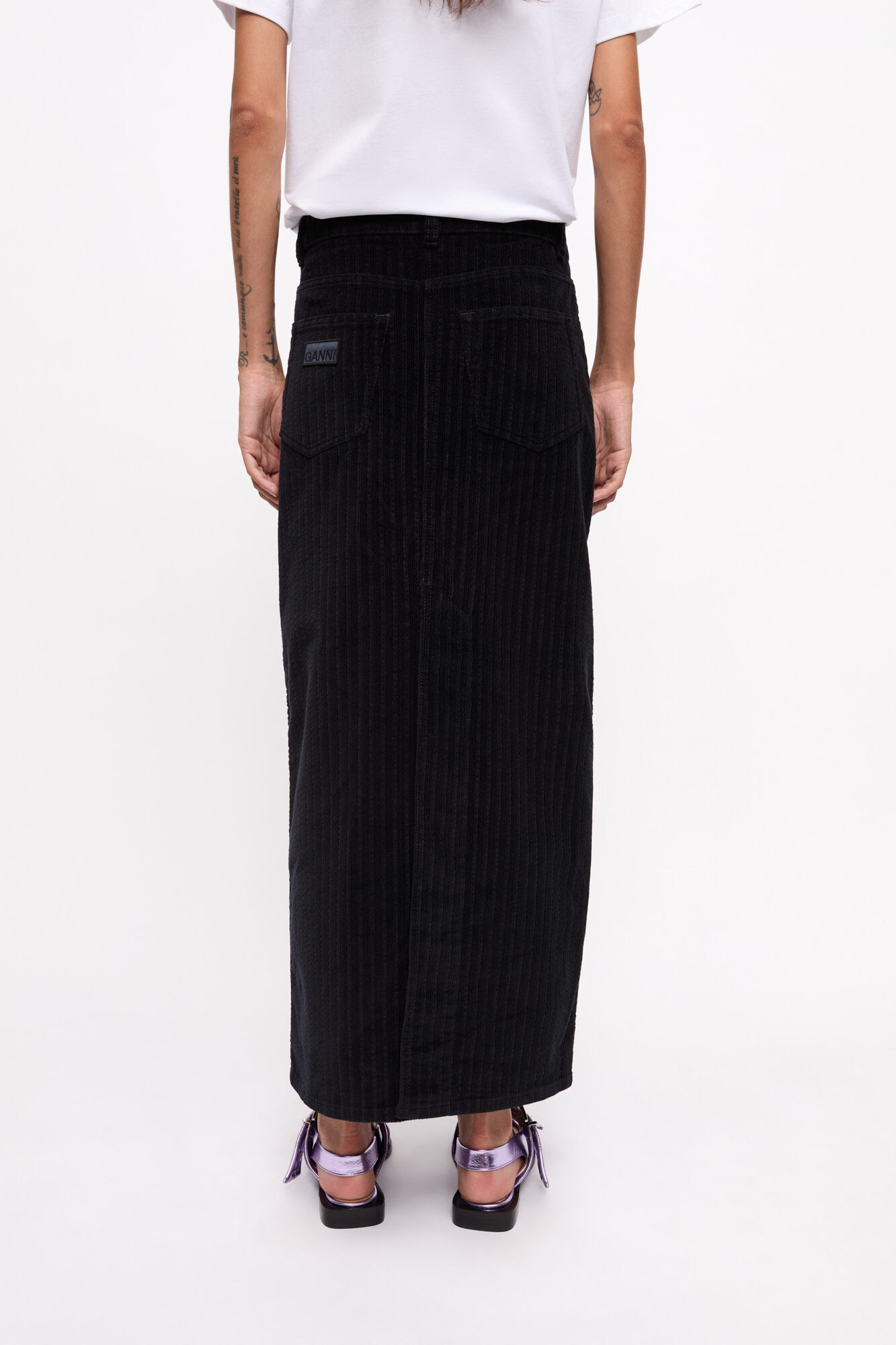 Black Corduroy Maxi Skirt, Elastane, in colour Black - 3 - GANNI