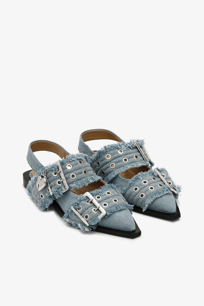 Feminine Buckle Ballerinas in Denim with Charms, Recycled Cotton, in colour Faded Denim - 2 - GANNI