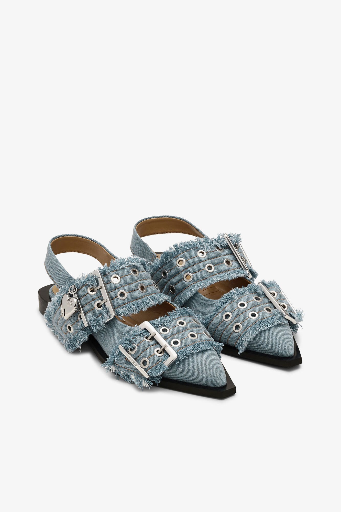 Feminine Buckle Ballerinas in Denim with Charms, Recycled Cotton, in colour Faded Denim - 2 - GANNI