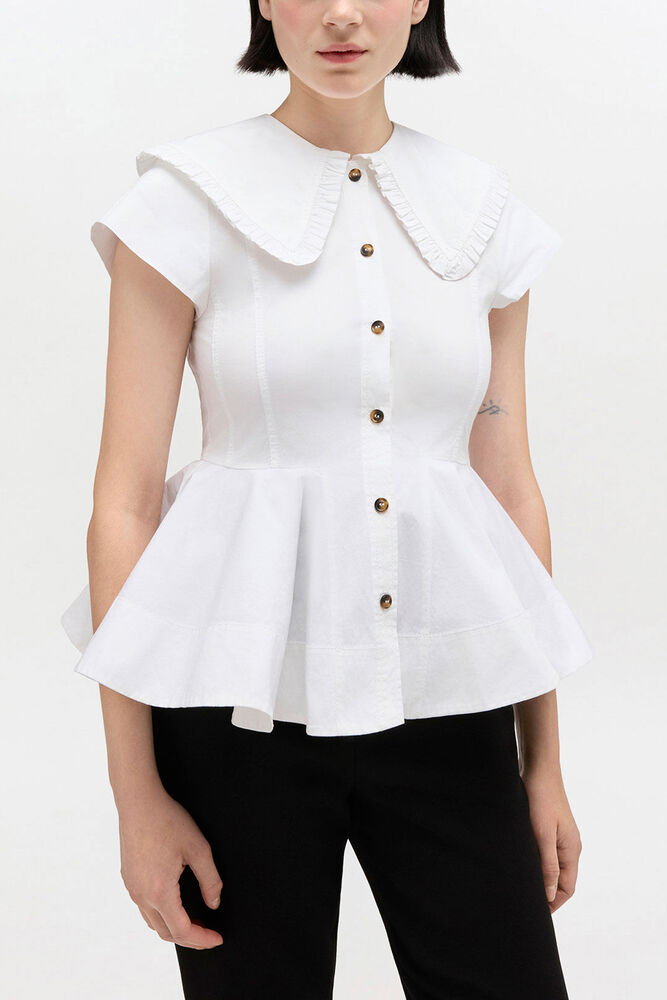 Short Cotton Ruffle Shirt, Bright White
