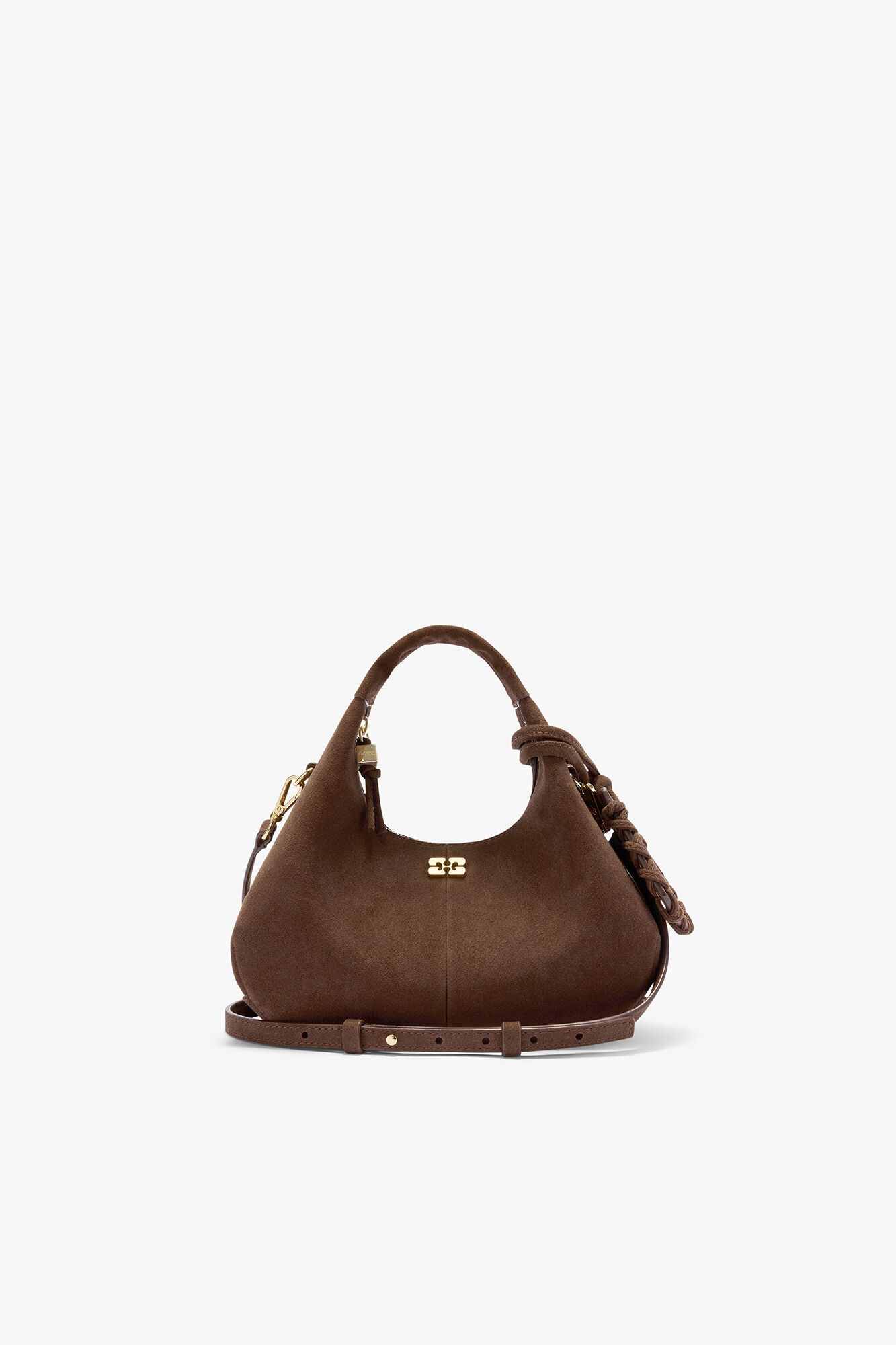 Braune Mini-Hobo-Tasche aus Wildleder, Recycled Leather, in colour Chicory Coffee - 1 - GANNI