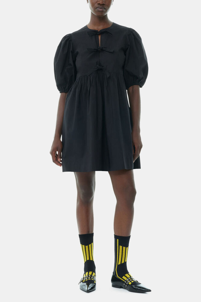 Black Cotton Poplin Tie String Mini Dress, Black