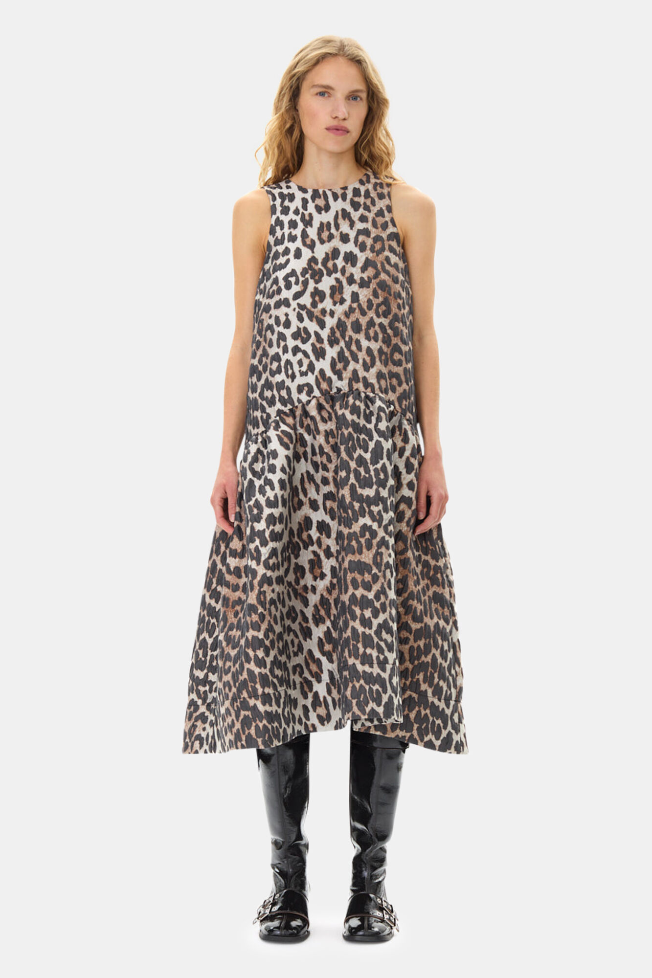 Leopard 3D Jacquard Midi Dress, Polyamide, in colour Leopard - 1 - GANNI
