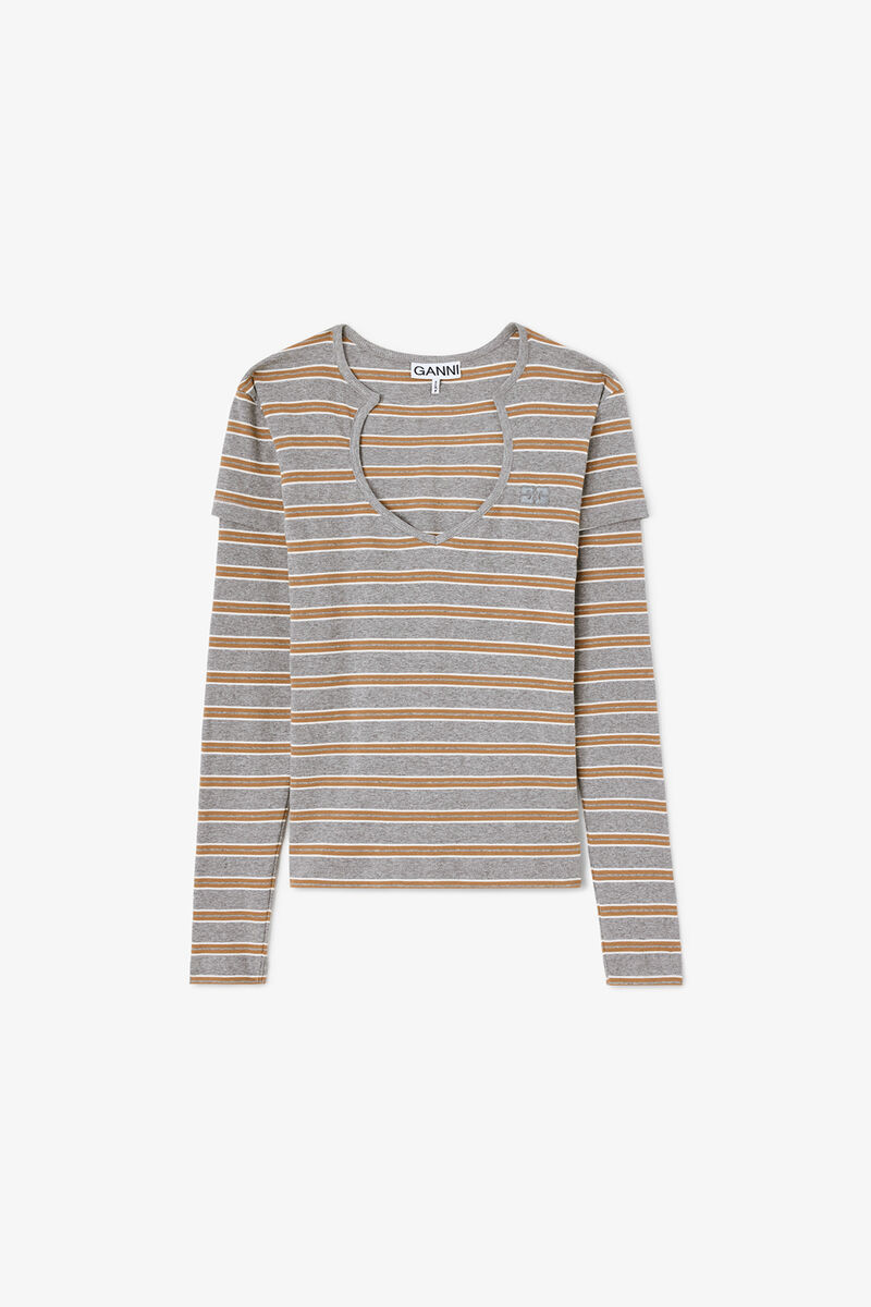 Long-sleeve Top in Stripe, Organic Cotton, in colour Paloma - 1 - GANNI