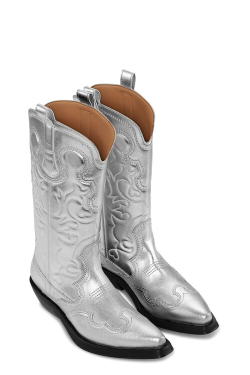Silver Mid Shaft Embroidered Western Boots, Polyester, in colour Silver - 2 - GANNI