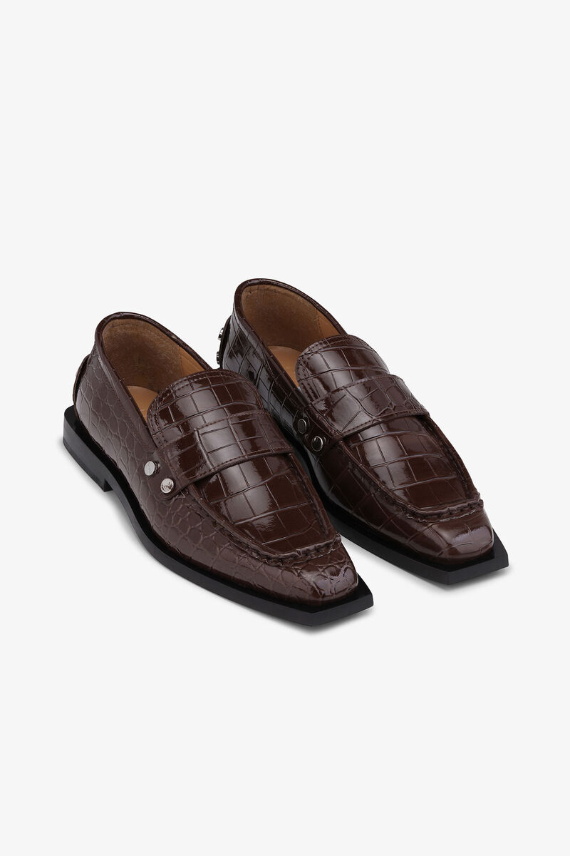 Brown Croco Studded Loafers, Polyester, in colour Chocolate Fondant - 2 - GANNI