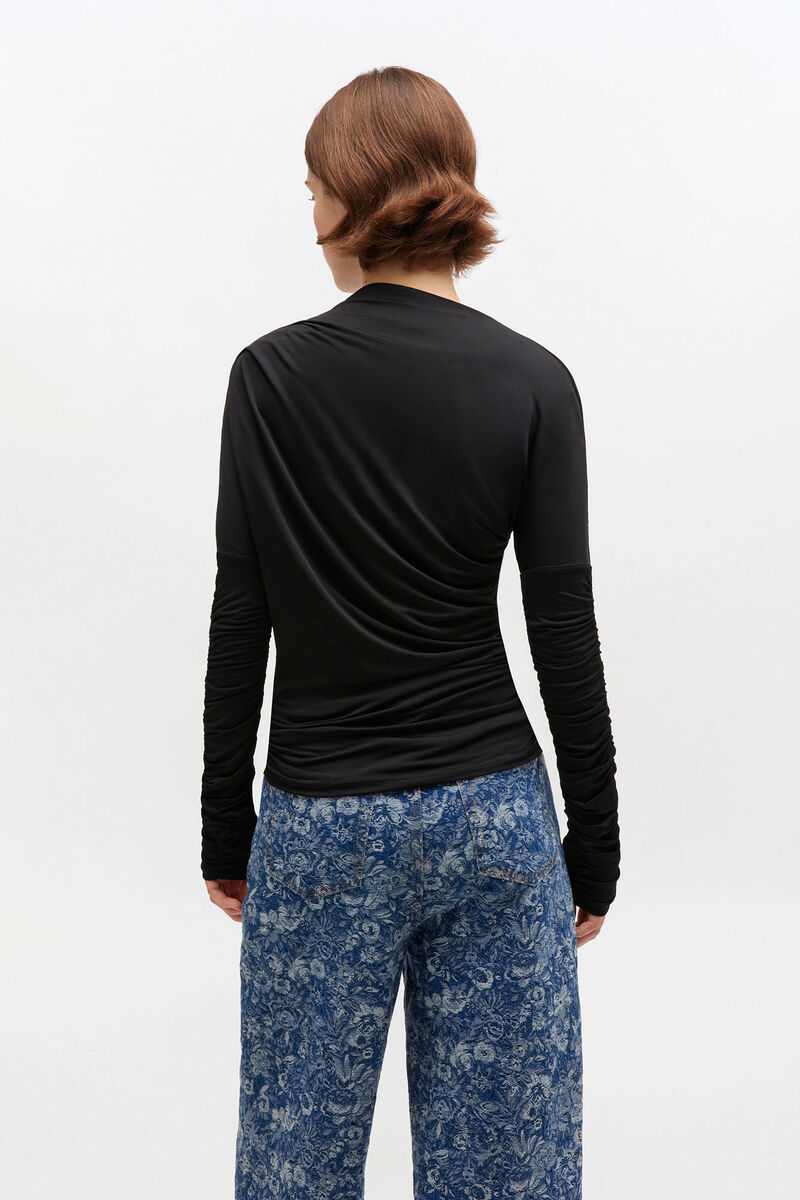 Black Ruched Top, Elastane, in colour Black - 3 - GANNI