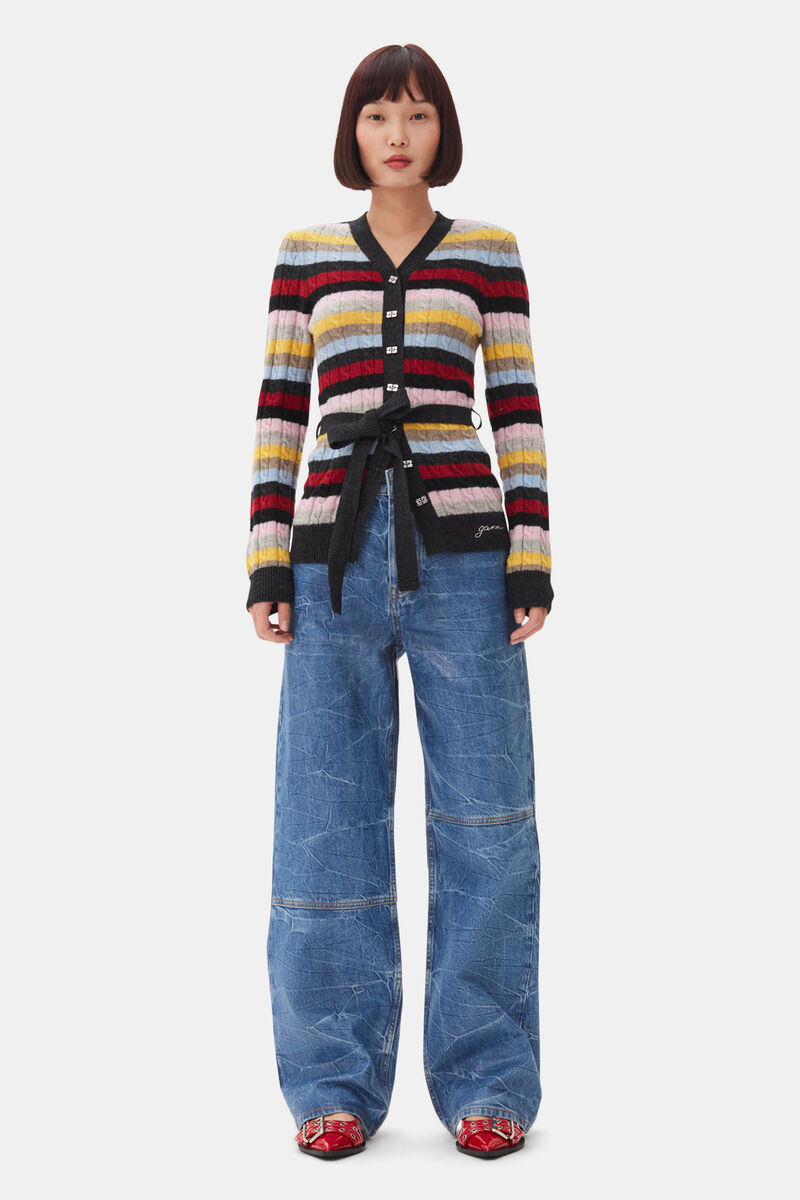 Multicolour Stripe Belt Cardigan, Recycled Polyamide, in colour Multicolour - 2 - GANNI