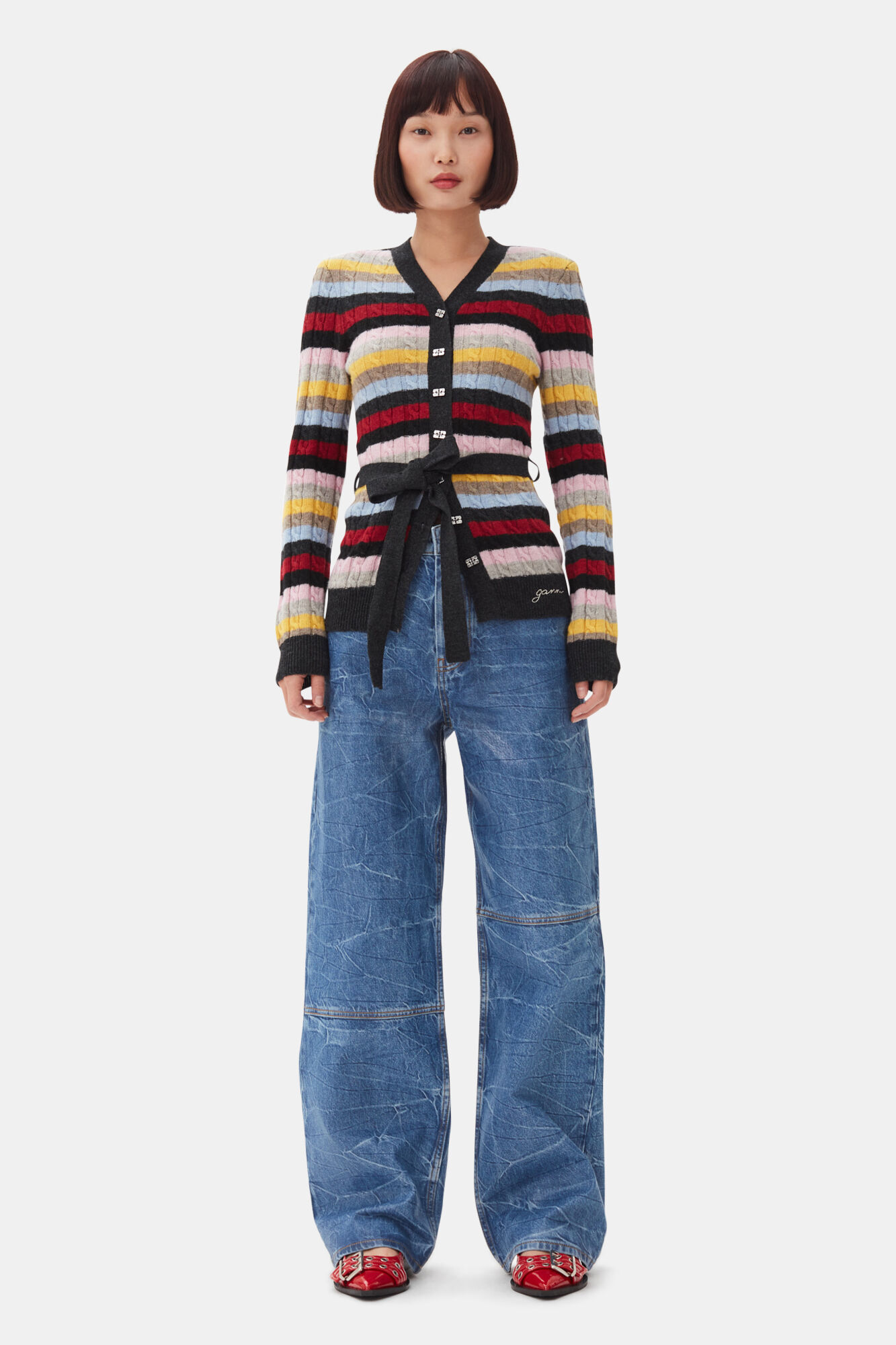 Multicolour Stripe Belt Cardigan, Recycled Polyamide, in colour Multicolour - 2 - GANNI