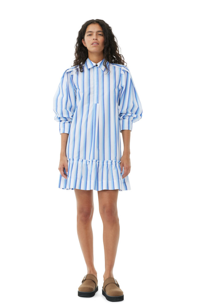 GANNI Blue Striped Cotton Mini Shirt Dress,Silver Lake Blue