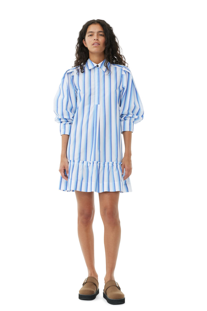 Blue Striped Cotton Mini Shirt-kjole, Cotton, in colour Silver Lake Blue - 1 - GANNI
