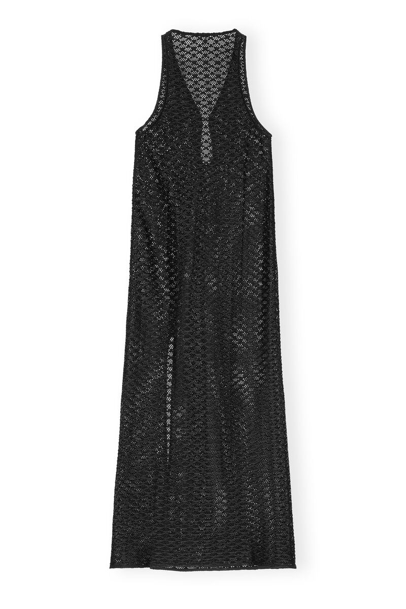 Black Mesh Lace Long Dress, Elastane, in colour Black - 2 - GANNI