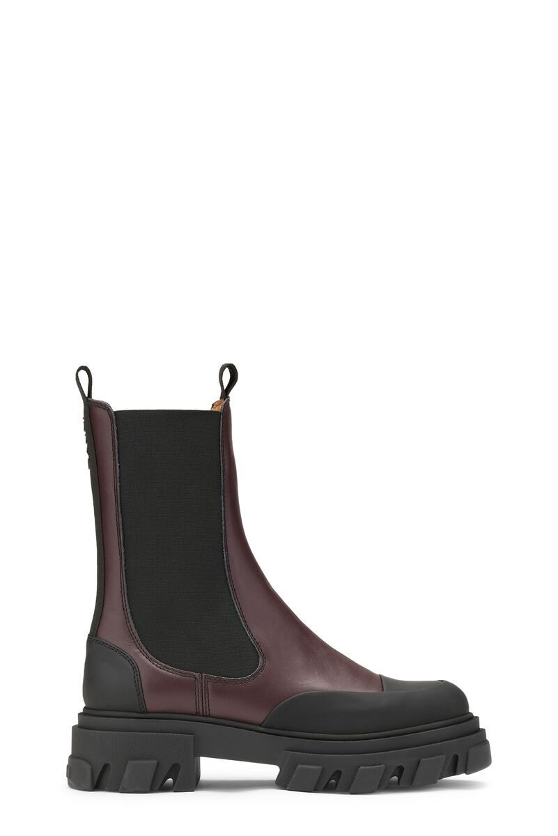 Cleated Mid Chelsea Boots, Leather, in colour Burgundy - 1 - GANNI