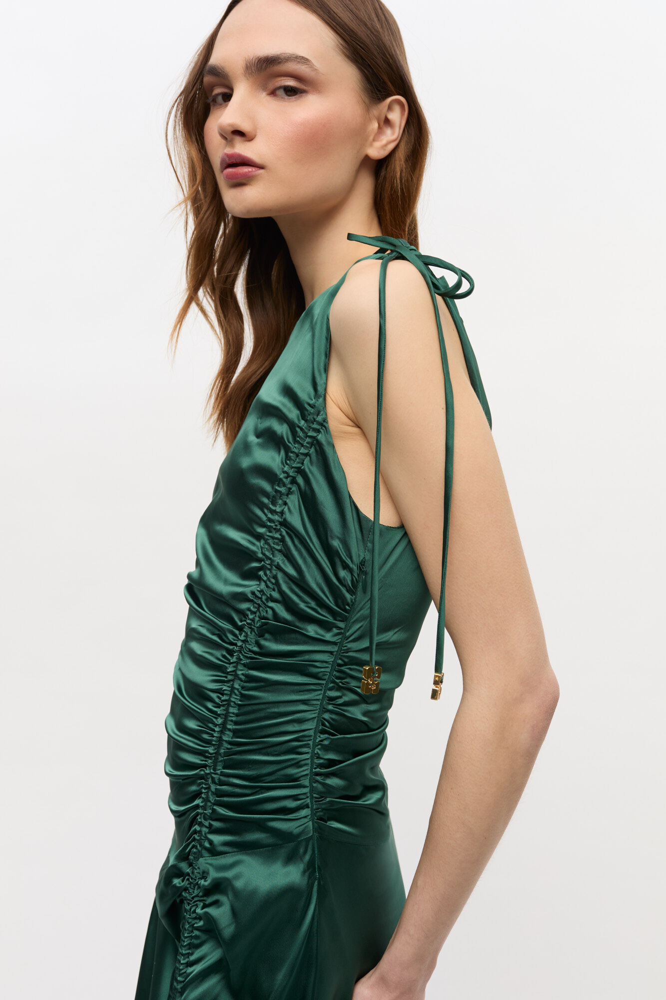 Green Satin Gathered Dress, Elastane, in colour Pineneedle - 3 - GANNI