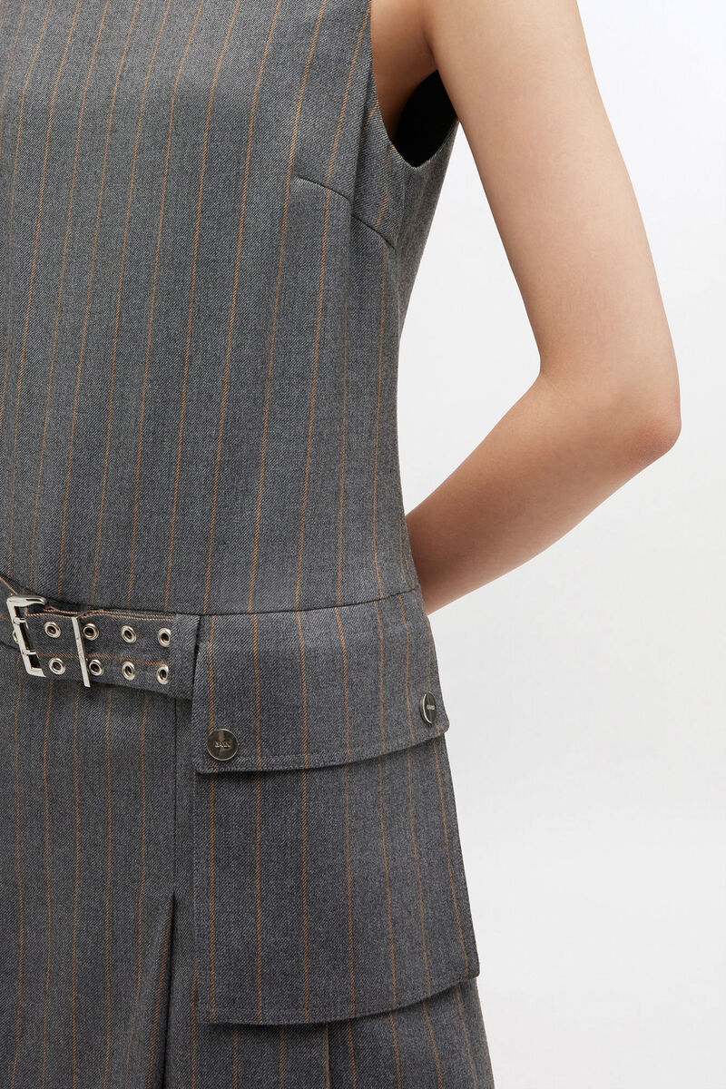 Grey Stripe Belted Mini Dress, Wool, in colour Pewter Melange - 1 - GANNI