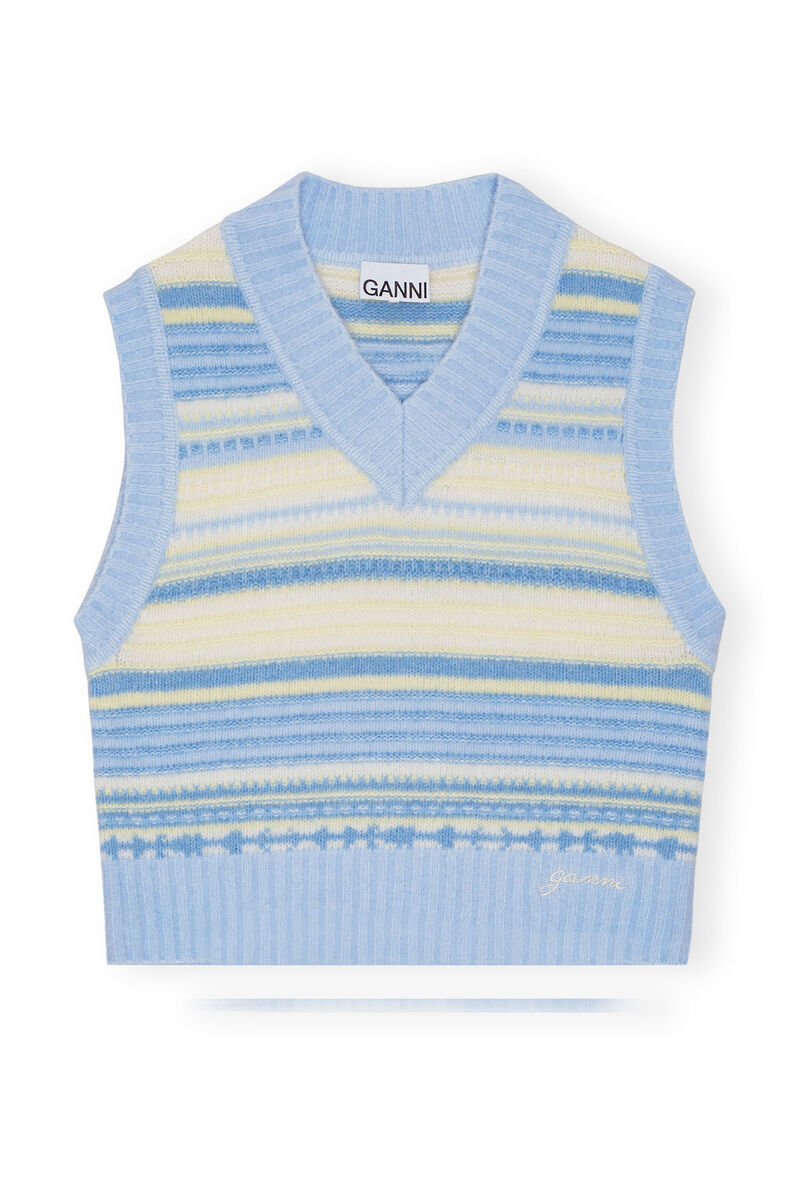Blue Striped Soft Wool Vest, Alpaca, in colour Skyway - 1 - GANNI