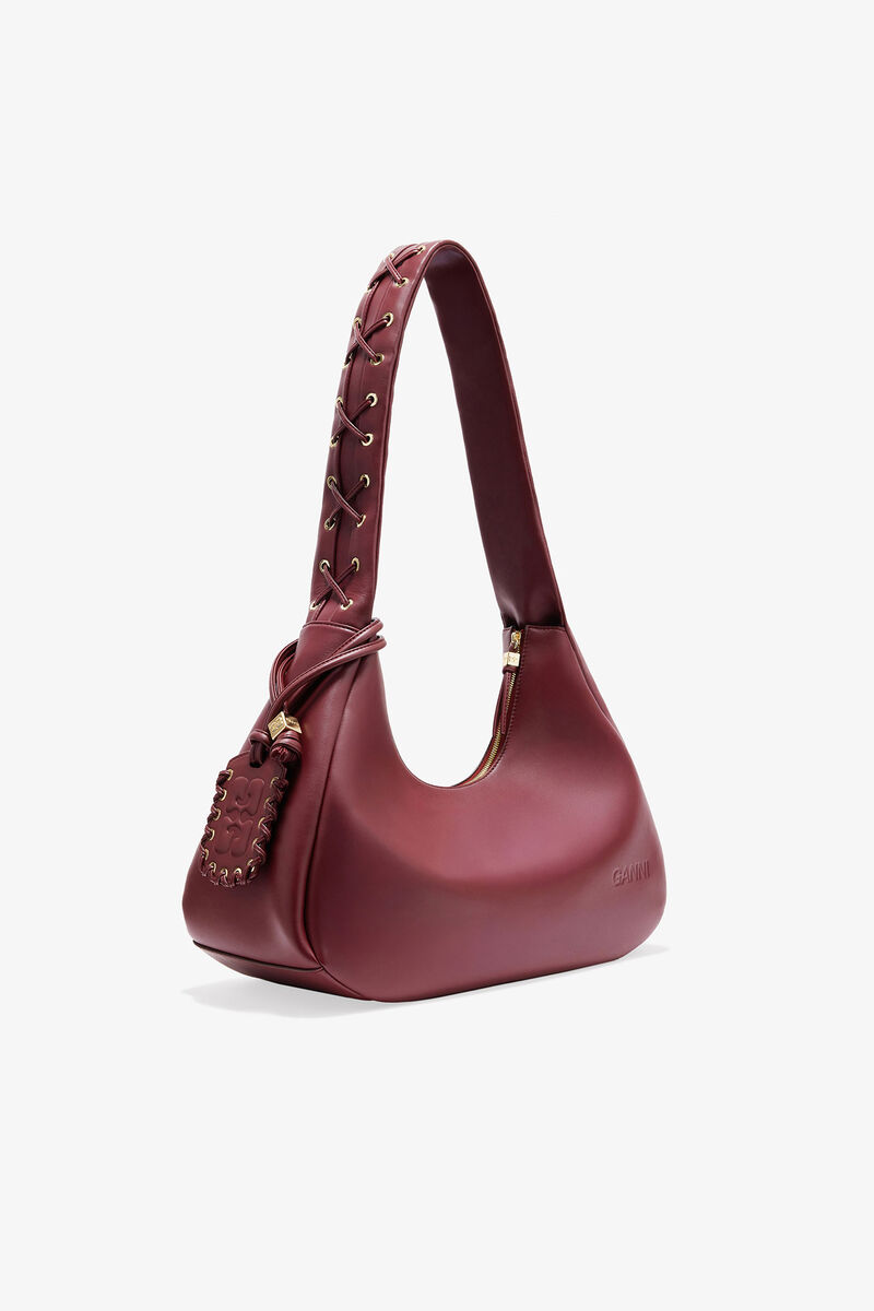 Vinröd medium hoboväska med snörning, Polyester, in colour Burgundy - 2 - GANNI