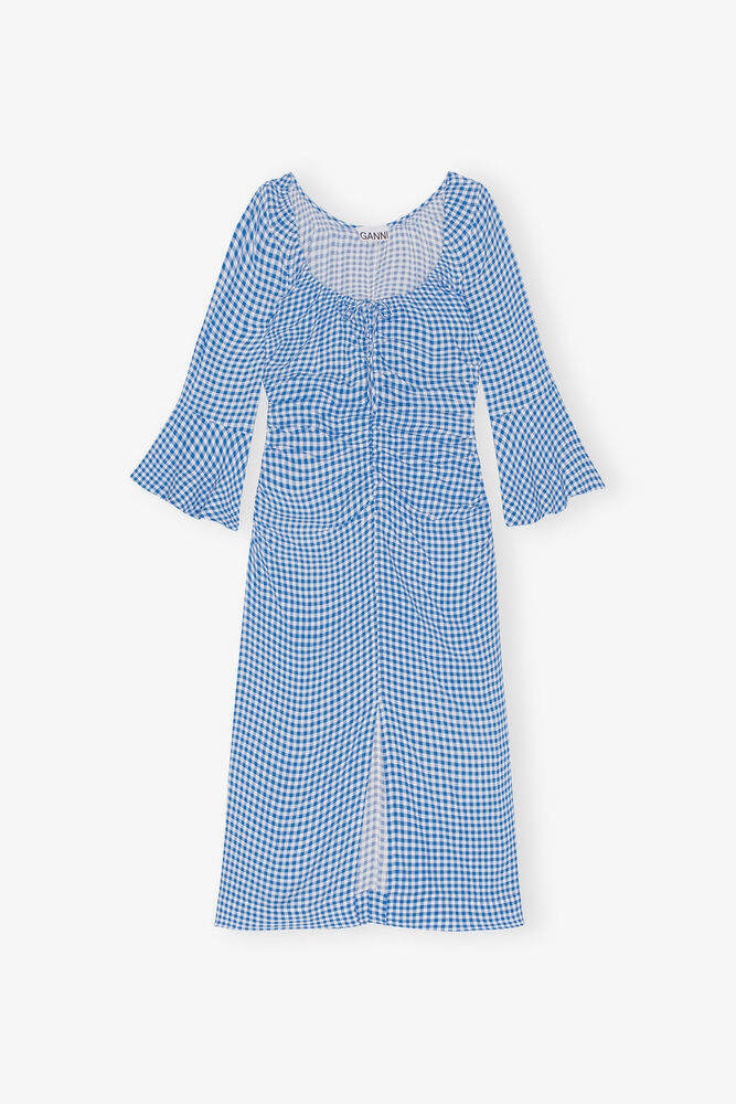 Printed Crepe Gathered U-neck Midi Dress, Strong Blue