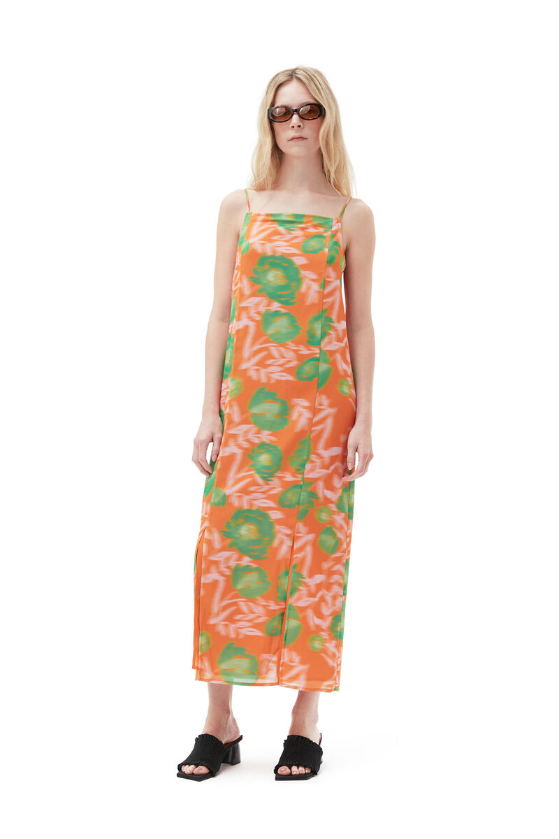 Printed Light Crepe Slip Dress, Recycled Polyester, in colour Vibrant Orange - 5 - GANNI