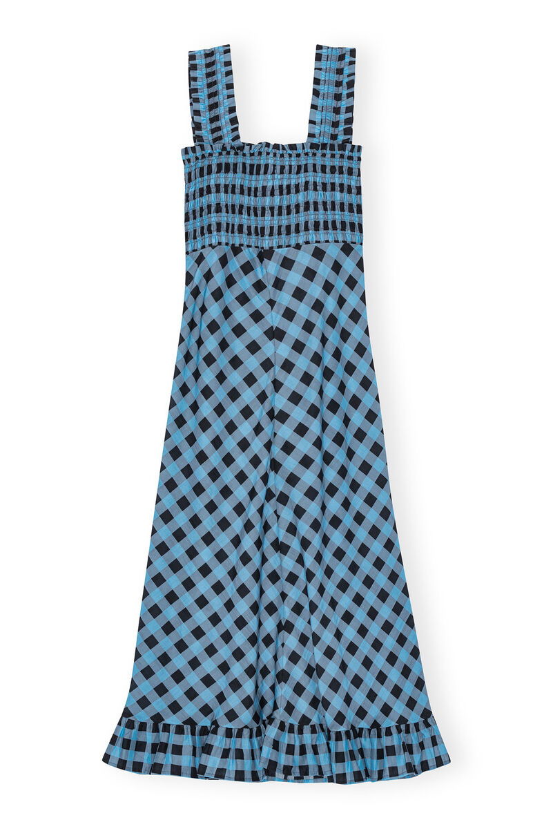 Langes Trägerkleid aus Cotton und Silk mit Karomuster, Cotton, in colour Alaskan Blue - 2 - GANNI