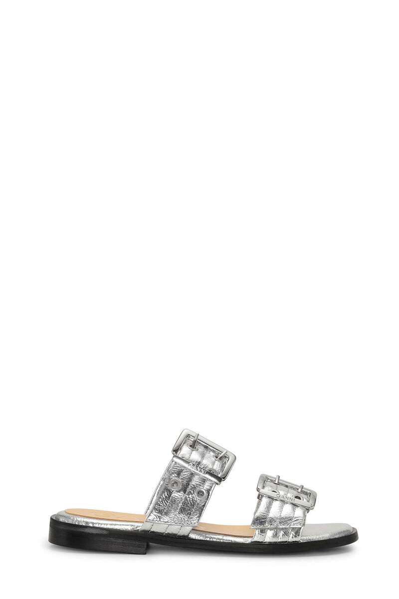 Silver Metallic Feminine Buckle Two-Strap Sandals, Polyurethane, in colour Silver - 1 - GANNI