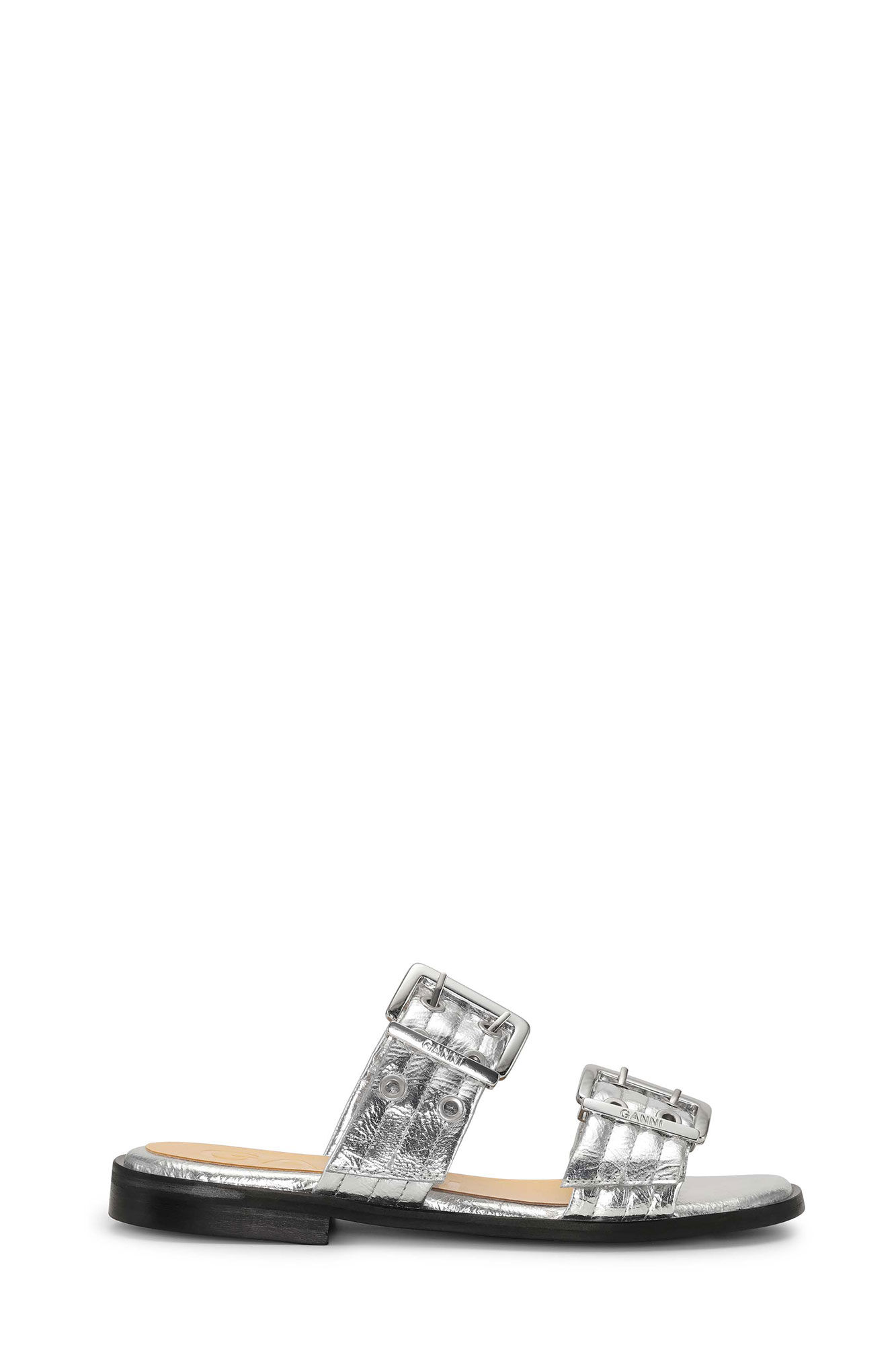 Silver Metallic Feminine Buckle Two-Strap Sandals, Polyurethane, in colour Silver - 1 - GANNI