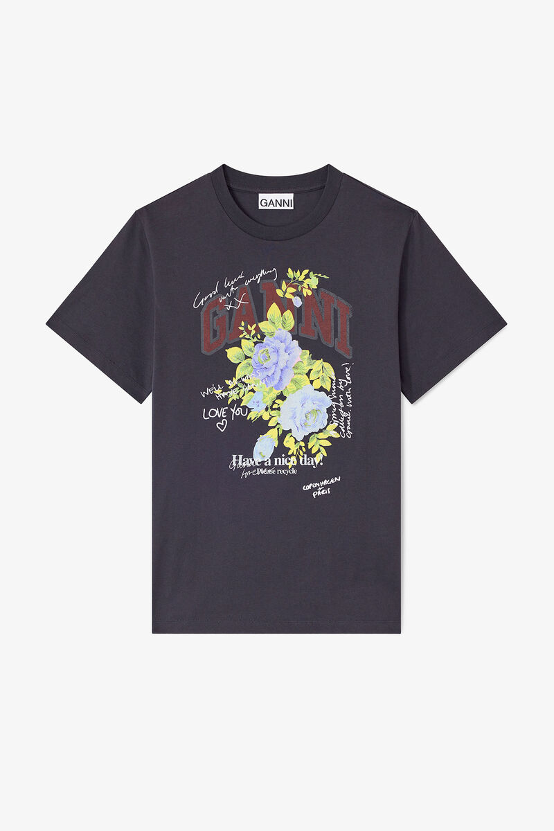 Black Rose T-shirt, Cotton, in colour Phantom - 1 - GANNI